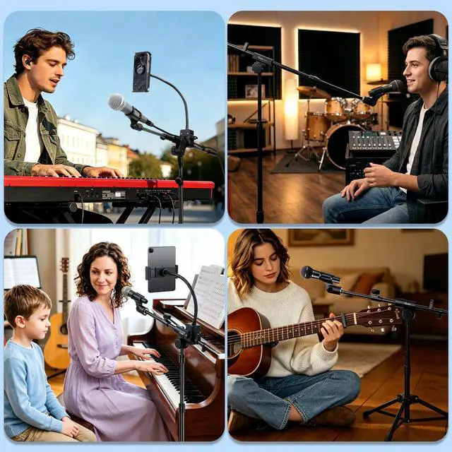Alt view image 7 of 7 - Microphone Floor Stand with Phone/Tablet Holder, Adjustable Boom Mic Stand with Heavy-Duty Base, Dual Device Mount for Streaming, Podcasting, Recording, and Live Performances GMS-04