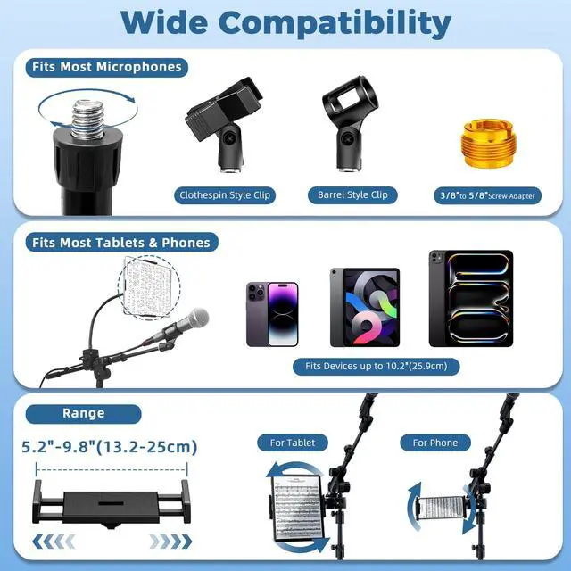 Alt view image 5 of 7 - Microphone Floor Stand with Phone/Tablet Holder, Adjustable Boom Mic Stand with Heavy-Duty Base, Dual Device Mount for Streaming, Podcasting, Recording, and Live Performances GMS-04
