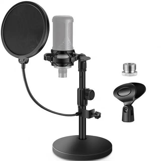 Main image of Mic Stand Desk, Adjustable Desktop Microphone Stand Table with Shock Mount Mic Clip Pop Filter 3/8" to 5/8" Adapter for Blue Yeti Hyper X QuadCast S AT2020 Fifine K669B Shure SM58 SM48 PGA48