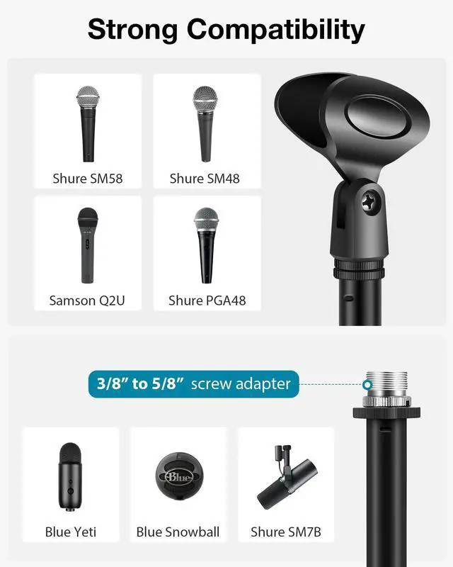 Alt view image 6 of 7 - Mic Stand Desk, Adjustable Desktop Microphone Stand Table with Shock Mount Mic Clip Pop Filter 3/8" to 5/8" Adapter for Blue Yeti Hyper X QuadCast S AT2020 Fifine K669B Shure SM58 SM48 PGA48