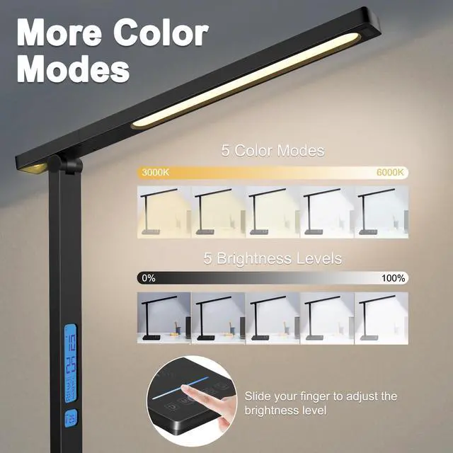 Alt view image 4 of 7 - 10 in 1 Smart Desk Lamp Led, Desk Light for Colleage Drom Room Office, Eye-Caring Table Lamp with Night Light, Lamp for Desk with 10W Wireless Charger, Dimmable Touch Lamp, Birthday Gifts for Women