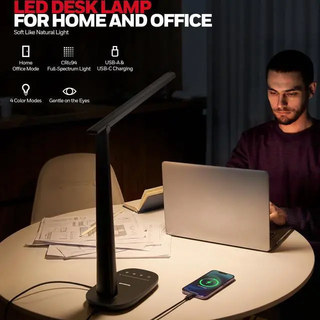 Alt view image 2 of 7 - LED Desk Lamp for Home Office, Eye-Caring Dimmable Reading Light with 4 Color Modes, Touch Control, USB-A & USB-C Charging Ports, Adjustable Head, Timer for Bedroom & Small Desks