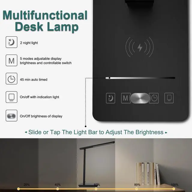 Alt view image 5 of 7 - 10 in 1 Smart Desk Lamp Led, Desk Light for Colleage Drom Room Office, Eye-Caring Table Lamp with Night Light, Lamp for Desk with 10W Wireless Charger, Dimmable Touch Lamp, Birthday Gifts for Women