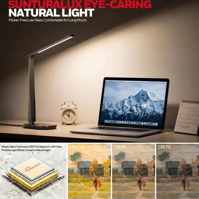 Alt view image 4 of 7 - LED Desk Lamp for Home Office, Eye-Caring Dimmable Reading Light with 4 Color Modes, Touch Control, USB-A & USB-C Charging Ports, Adjustable Head, Timer for Bedroom & Small Desks