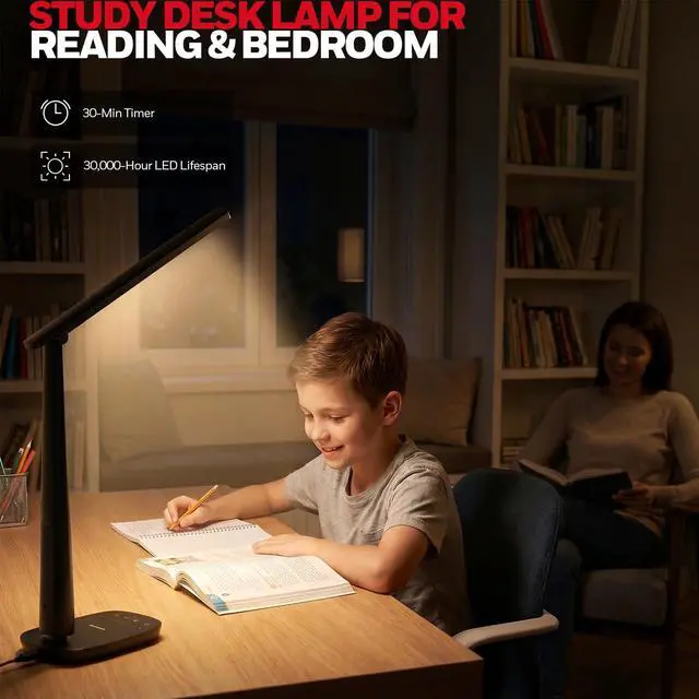 Alt view image 7 of 7 - LED Desk Lamp for Home Office, Eye-Caring Dimmable Reading Light with 4 Color Modes, Touch Control, USB-A & USB-C Charging Ports, Adjustable Head, Timer for Bedroom & Small Desks