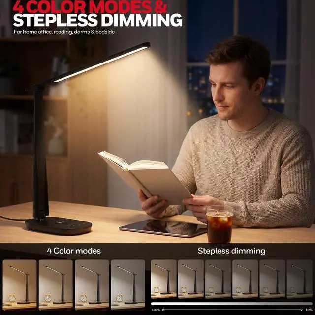 Alt view image 3 of 7 - LED Desk Lamp for Home Office, Eye-Caring Dimmable Reading Light with 4 Color Modes, Touch Control, USB-A & USB-C Charging Ports, Adjustable Head, Timer for Bedroom & Small Desks