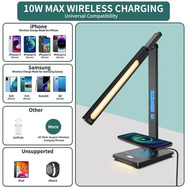 Alt view image 2 of 7 - 10 in 1 Smart Desk Lamp Led, Desk Light for Colleage Drom Room Office, Eye-Caring Table Lamp with Night Light, Lamp for Desk with 10W Wireless Charger, Dimmable Touch Lamp, Birthday Gifts for Women