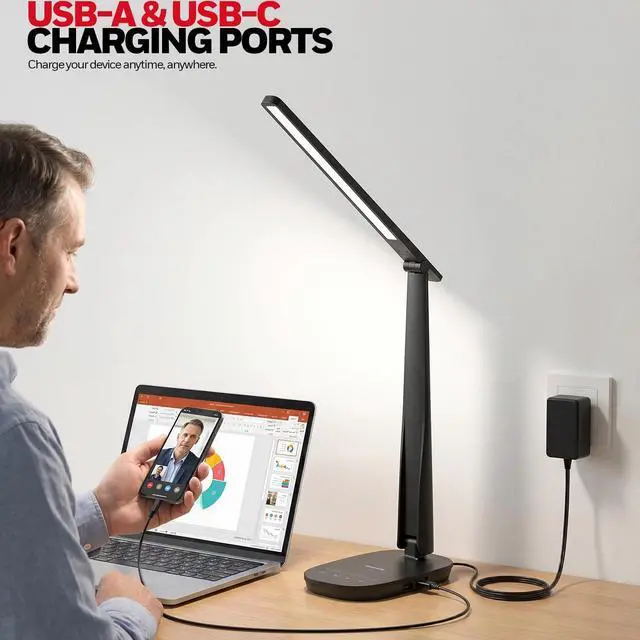 Alt view image 5 of 7 - LED Desk Lamp for Home Office, Eye-Caring Dimmable Reading Light with 4 Color Modes, Touch Control, USB-A & USB-C Charging Ports, Adjustable Head, Timer for Bedroom & Small Desks