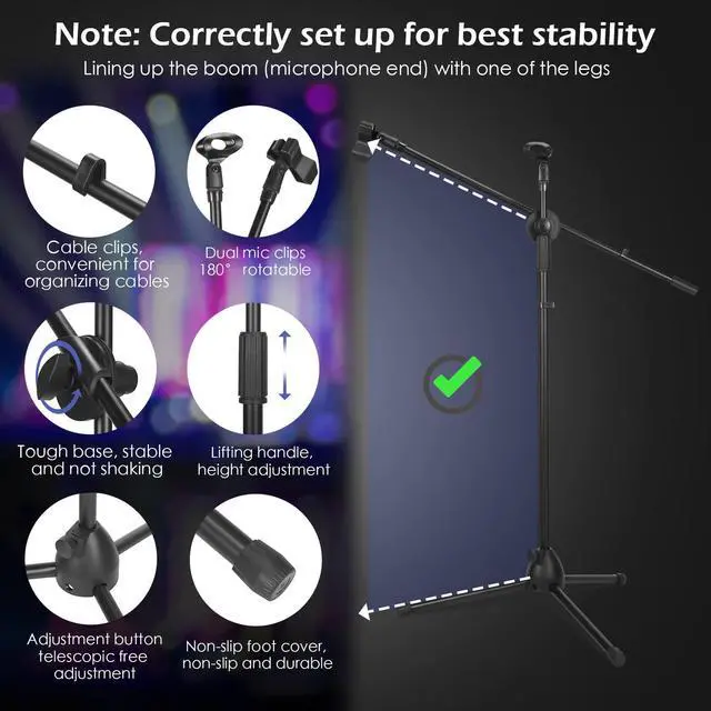 Alt view image 3 of 7 - 2 Pcs Microphone Stand Boom Bulk, Adjustable Height Tripod Mic Stand with Dual Clip, Black Foldable Universal Heavy Duty Tripod Holder for Live Stream Singing Stage