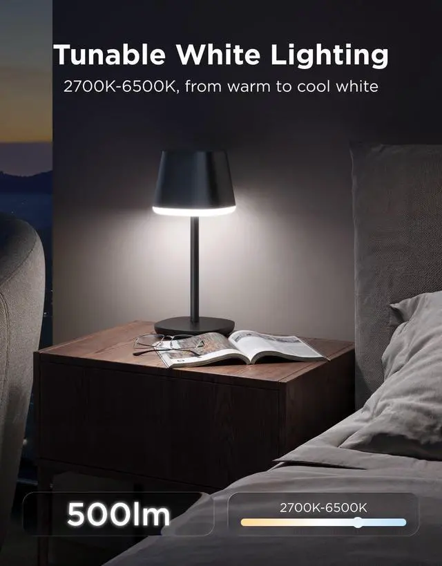 Alt view image 4 of 7 - Smart Cordless Table Lamp Classic (No Adapter), RGBIC Rechargeable Table Lamp for Bedroom, Living Room, Portable Desk Lamp Works with Matter, LED Bedside Lamp with 72 Scenes Modes, Timer, 500lm