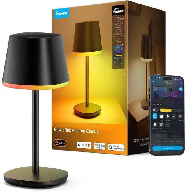 Main image of Smart Cordless Table Lamp Classic (No Adapter), RGBIC Rechargeable Table Lamp for Bedroom, Living Room, Portable Desk Lamp Works with Matter, LED Bedside Lamp with 72 Scenes Modes, Timer, 500lm
