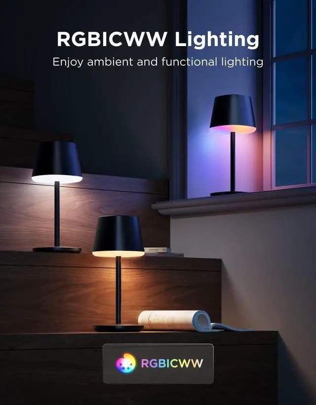 Alt view image 2 of 7 - Smart Cordless Table Lamp Classic (No Adapter), RGBIC Rechargeable Table Lamp for Bedroom, Living Room, Portable Desk Lamp Works with Matter, LED Bedside Lamp with 72 Scenes Modes, Timer, 500lm