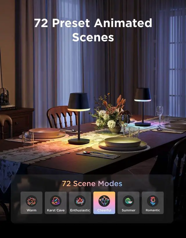 Alt view image 5 of 7 - Smart Cordless Table Lamp Classic (No Adapter), RGBIC Rechargeable Table Lamp for Bedroom, Living Room, Portable Desk Lamp Works with Matter, LED Bedside Lamp with 72 Scenes Modes, Timer, 500lm