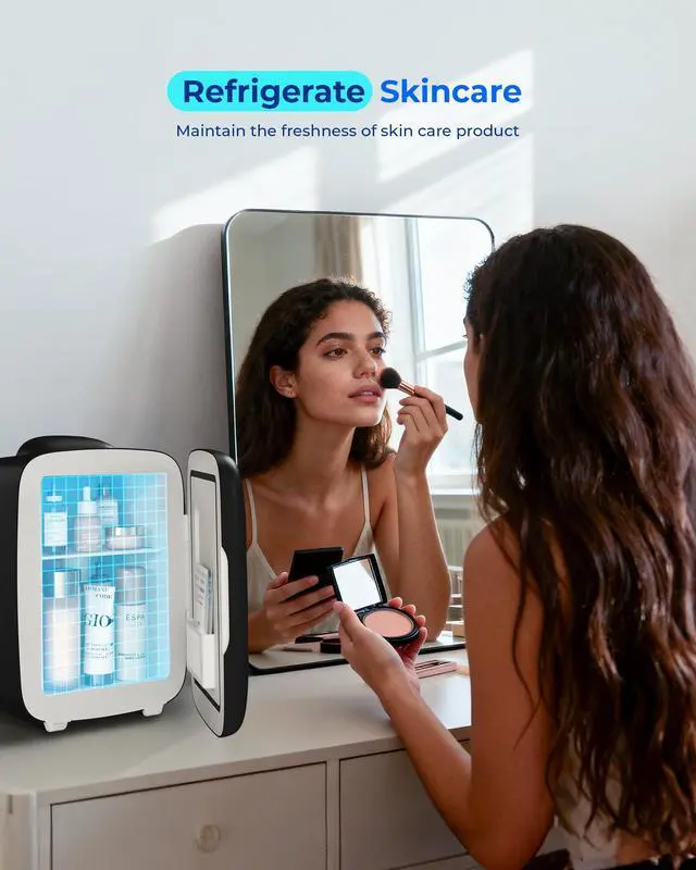 Alt view image 2 of 7 - Mini Fridge, 4 Liter/6 Can Portable Cooler and Warmer Fridge for Drinks Skincare Food Fast Cooling & Ultra-Quiet, Small Compact Refrigerator for Bedroom, Cosmetics, Office and Car(Black)