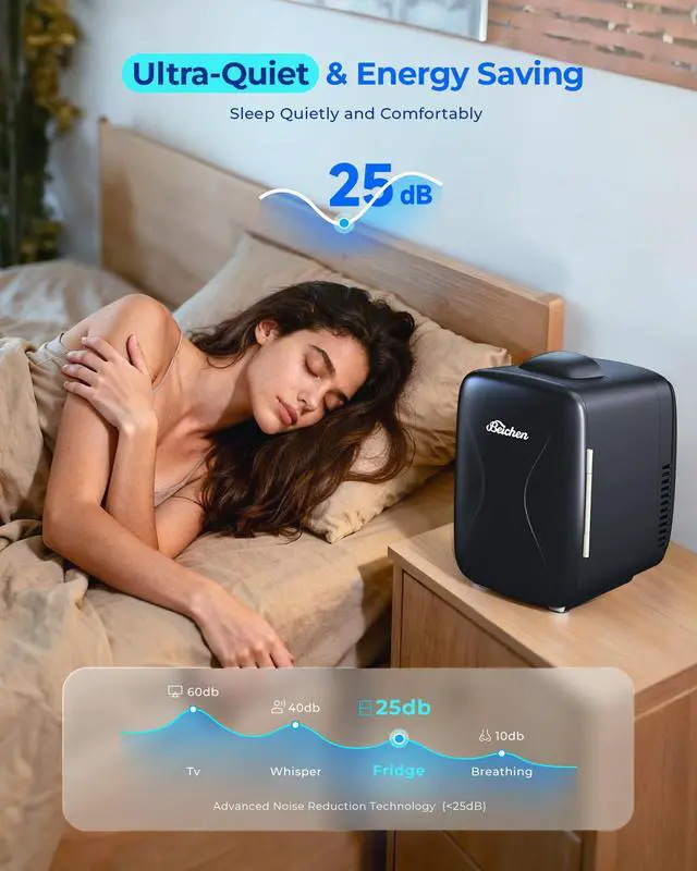 Alt view image 5 of 7 - Mini Fridge, 4 Liter/6 Can Portable Cooler and Warmer Fridge for Drinks Skincare Food Fast Cooling & Ultra-Quiet, Small Compact Refrigerator for Bedroom, Cosmetics, Office and Car(Black)