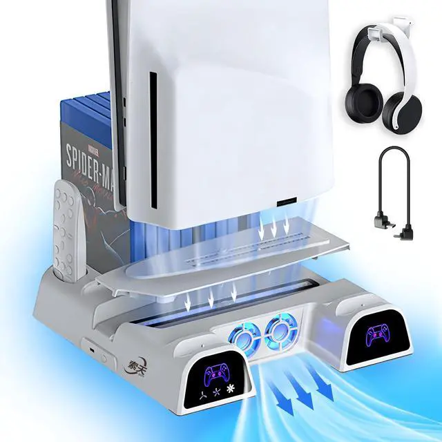 Main image of PS5/Slim/Pro Cooling Station Vertical Stand with Cooling Fan, Dual Controller Charging Dock, 11 Game Disc Storage Organizer, Metal Base Gaming Setup (Standard Edition, PlayStation 5)