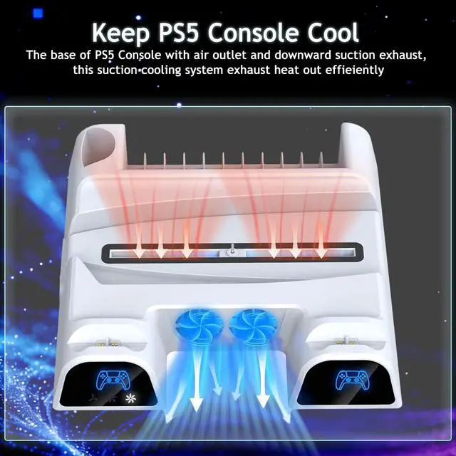 Alt view image 5 of 7 - PS5/Slim/Pro Cooling Station Vertical Stand with Cooling Fan, Dual Controller Charging Dock, 11 Game Disc Storage Organizer, Metal Base Gaming Setup (Standard Edition, PlayStation 5)