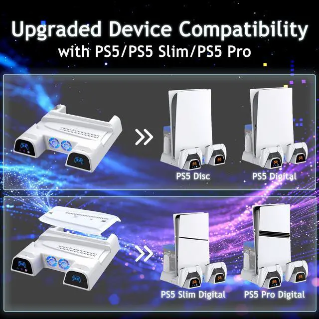 Alt view image 4 of 7 - PS5/Slim/Pro Cooling Station Vertical Stand with Cooling Fan, Dual Controller Charging Dock, 11 Game Disc Storage Organizer, Metal Base Gaming Setup (Standard Edition, PlayStation 5)