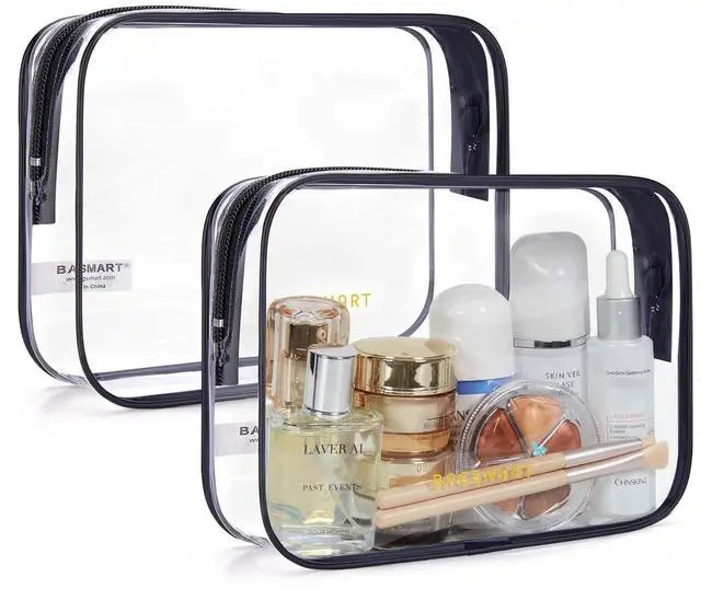 Main image of Clear Toiletry Bag, 2 Pack TSA Approved Travel Toiletry Bag Carry on Travel Accessories Bag Airport Airline Quart Size Bags Water Repellent Makeup Cosmetic Bag for Women (Black-2pcs)