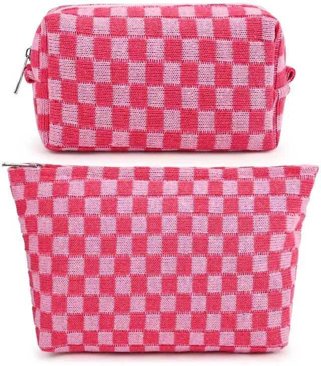 Main image of 2 Pieces Makeup Bag Large Checkered Cosmetic Bag Capacity Canvas Mix Travel Toiletry Bag Organizer Cute Makeup Brushes Aesthetic Accessories Storage Bag for Women, Checkered Mix Rose Red