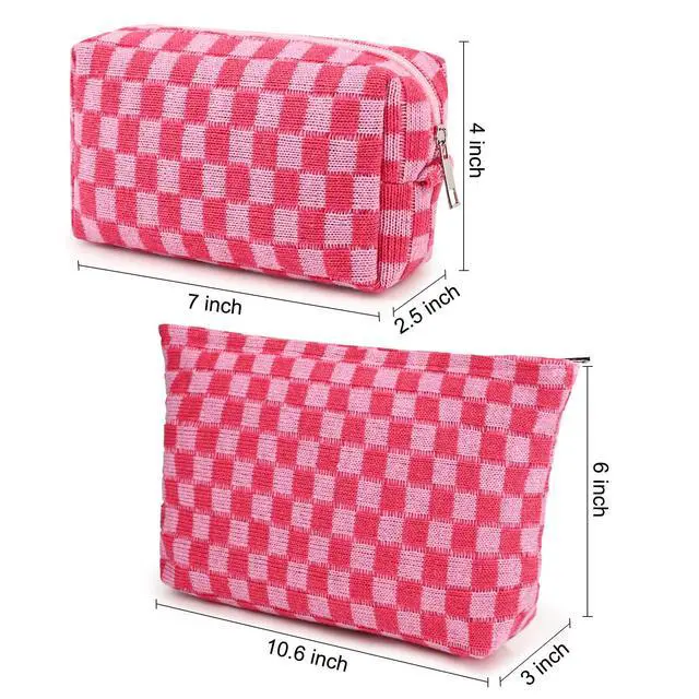 Alt view image 3 of 7 - 2 Pieces Makeup Bag Large Checkered Cosmetic Bag Capacity Canvas Mix Travel Toiletry Bag Organizer Cute Makeup Brushes Aesthetic Accessories Storage Bag for Women, Checkered Mix Rose Red