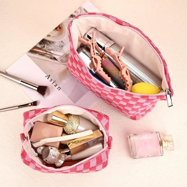 Alt view image 4 of 7 - 2 Pieces Makeup Bag Large Checkered Cosmetic Bag Capacity Canvas Mix Travel Toiletry Bag Organizer Cute Makeup Brushes Aesthetic Accessories Storage Bag for Women, Checkered Mix Rose Red