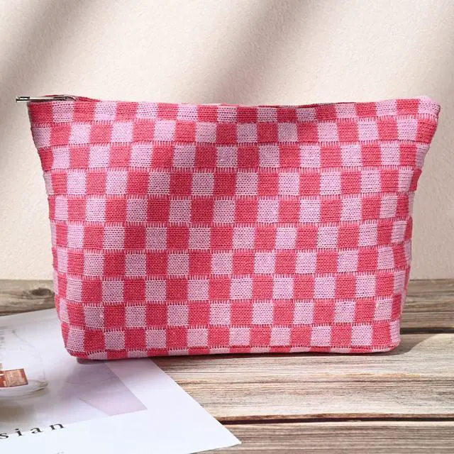 Alt view image 6 of 7 - 2 Pieces Makeup Bag Large Checkered Cosmetic Bag Capacity Canvas Mix Travel Toiletry Bag Organizer Cute Makeup Brushes Aesthetic Accessories Storage Bag for Women, Checkered Mix Rose Red