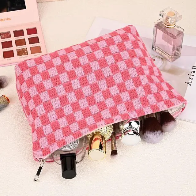 Alt view image 5 of 7 - 2 Pieces Makeup Bag Large Checkered Cosmetic Bag Capacity Canvas Mix Travel Toiletry Bag Organizer Cute Makeup Brushes Aesthetic Accessories Storage Bag for Women, Checkered Mix Rose Red