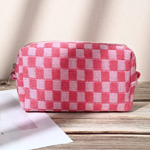 Alt view image 7 of 7 - 2 Pieces Makeup Bag Large Checkered Cosmetic Bag Capacity Canvas Mix Travel Toiletry Bag Organizer Cute Makeup Brushes Aesthetic Accessories Storage Bag for Women, Checkered Mix Rose Red