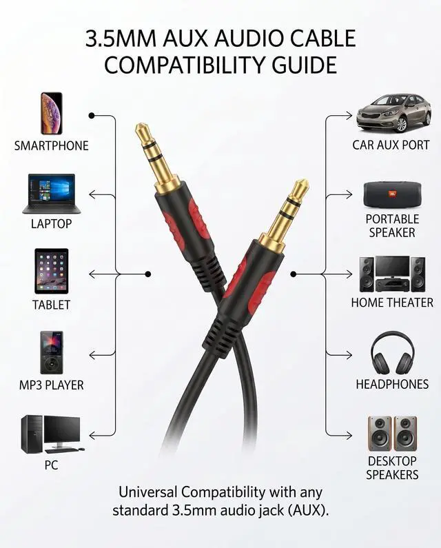 Alt view image 2 of 7 - 3.5mm Male to Male Audio Aux Cable 6ft, AUX Cable for Beats Headphones, iPods, iPhones, iPads, Home/Car Stereos and More