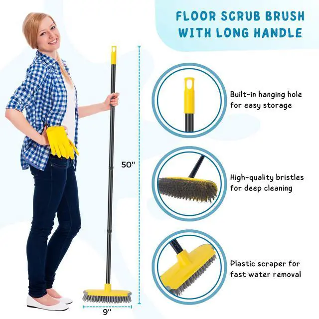 Alt view image 2 of 7 - Deck Brush with Long Handle, Floor Scrub Broom for Shower, 50'' Outdoor Scrubber for Carpet, Boat, Patio, Garage, Concrete Cleaning