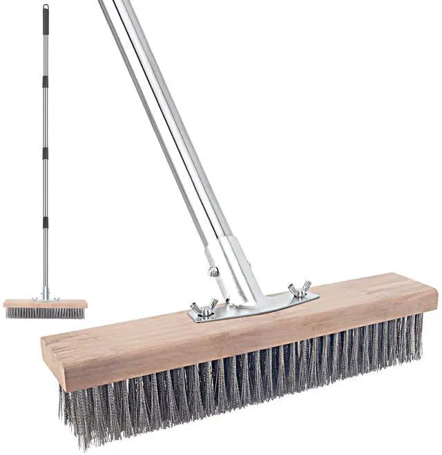 Main image of Stainless Steel Wire Scrub Brush with Long Handle for Deck, Concrete, Patio Floor Cleaning, 59'' Heavy Duty Stiff Metal Bristle Scrubber Broom for Outdoor Moss Removal