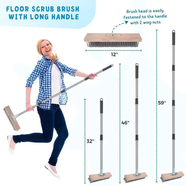 Alt view image 4 of 7 - Stainless Steel Wire Scrub Brush with Long Handle for Deck, Concrete, Patio Floor Cleaning, 59'' Heavy Duty Stiff Metal Bristle Scrubber Broom for Outdoor Moss Removal
