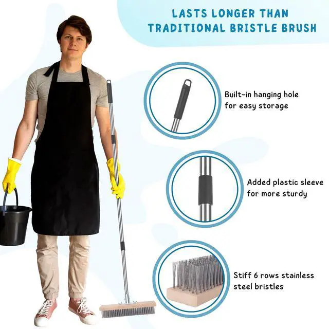 Alt view image 2 of 7 - Stainless Steel Wire Scrub Brush with Long Handle for Deck, Concrete, Patio Floor Cleaning, 59'' Heavy Duty Stiff Metal Bristle Scrubber Broom for Outdoor Moss Removal