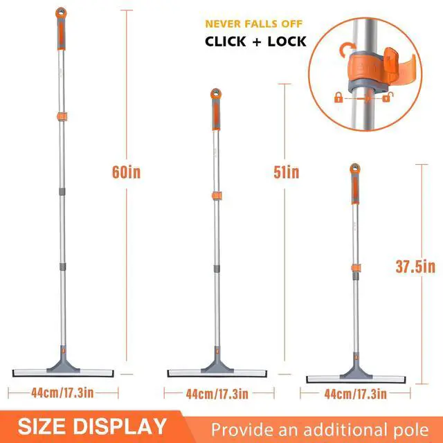 Alt view image 2 of 6 - Floor Squeegee for Floor: Heavy Duty Scrubber with Extendable 60'' Aluminum Pole and Rubber Blade for Kitchen, Swimming Pool, Concrete Floors,Shower,Tiles,Garages,Windows,Glass,Pet Hair Removal