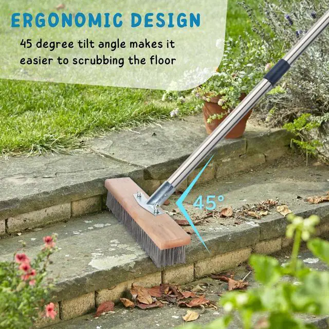 Alt view image 3 of 7 - Stainless Steel Wire Scrub Brush with Long Handle for Deck, Concrete, Patio Floor Cleaning, 59'' Heavy Duty Stiff Metal Bristle Scrubber Broom for Outdoor Moss Removal