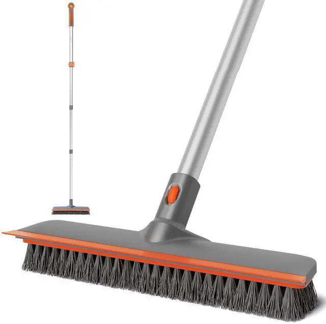 Main image of 2-in-1 Floor Scrub Brush with Long Handle, Soft/Hard Bristle Concrete Deck Brush with Squeegee, Garage Floor Cleaner for Tile/Concrete, Indoor/Outdoor Kitchen Bathroom Pool Deck -12" W/60 H