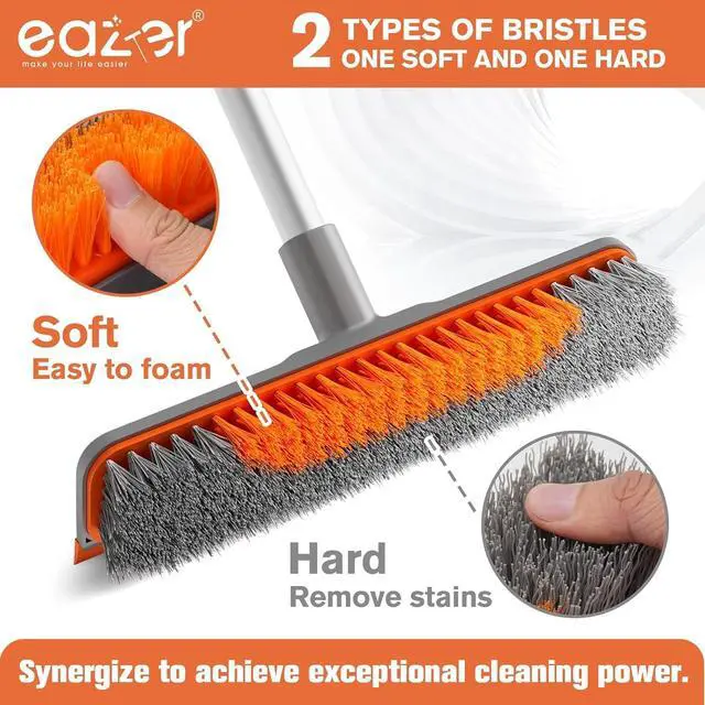 Alt view image 2 of 7 - 2-in-1 Floor Scrub Brush with Long Handle, Soft/Hard Bristle Concrete Deck Brush with Squeegee, Garage Floor Cleaner for Tile/Concrete, Indoor/Outdoor Kitchen Bathroom Pool Deck -12" W/60 H