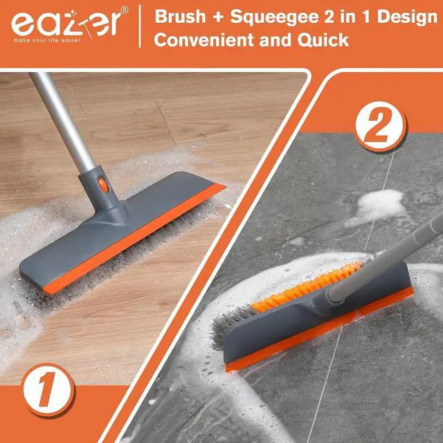 Alt view image 3 of 7 - 2-in-1 Floor Scrub Brush with Long Handle, Soft/Hard Bristle Concrete Deck Brush with Squeegee, Garage Floor Cleaner for Tile/Concrete, Indoor/Outdoor Kitchen Bathroom Pool Deck -12" W/60 H
