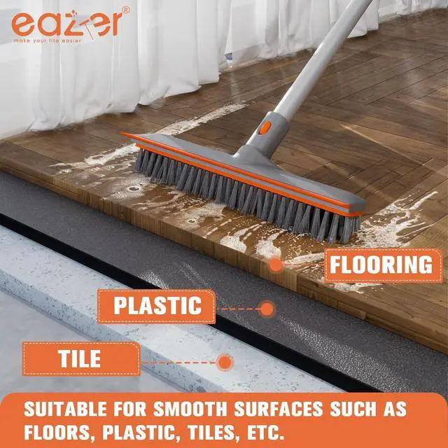 Alt view image 4 of 7 - 2-in-1 Floor Scrub Brush with Long Handle, Soft/Hard Bristle Concrete Deck Brush with Squeegee, Garage Floor Cleaner for Tile/Concrete, Indoor/Outdoor Kitchen Bathroom Pool Deck -12" W/60 H