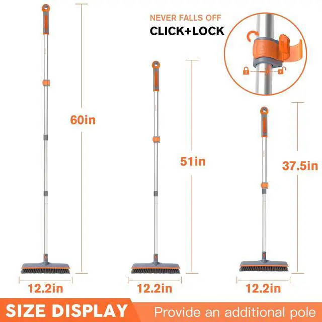 Alt view image 5 of 7 - 2-in-1 Floor Scrub Brush with Long Handle, Soft/Hard Bristle Concrete Deck Brush with Squeegee, Garage Floor Cleaner for Tile/Concrete, Indoor/Outdoor Kitchen Bathroom Pool Deck -12" W/60 H