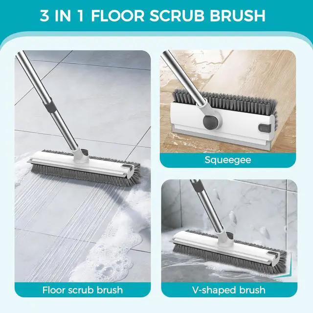 Alt view image 3 of 7 - Floor Scrub Brush, 3 in 1 Floor Scrub Brush with 54-in Adjustable Long Handle and Scraper Heavy Duty Stiff Bristle Floor Scrubber for Cleaning Shower Bathroom Kitchen Patio Garage, Grey&White