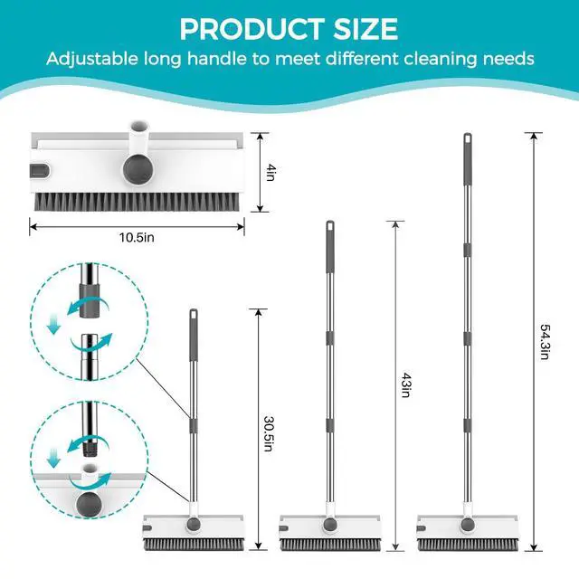 Alt view image 2 of 7 - Floor Scrub Brush, 3 in 1 Floor Scrub Brush with 54-in Adjustable Long Handle and Scraper Heavy Duty Stiff Bristle Floor Scrubber for Cleaning Shower Bathroom Kitchen Patio Garage, Grey&White