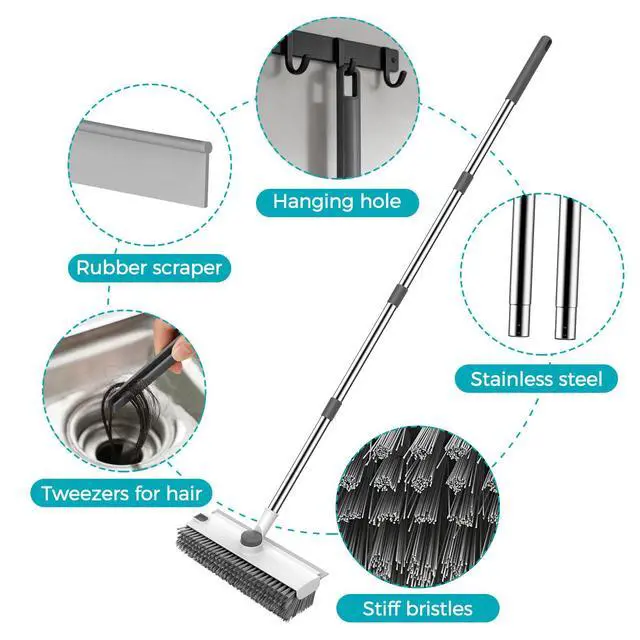 Alt view image 5 of 7 - Floor Scrub Brush, 3 in 1 Floor Scrub Brush with 54-in Adjustable Long Handle and Scraper Heavy Duty Stiff Bristle Floor Scrubber for Cleaning Shower Bathroom Kitchen Patio Garage, Grey&White