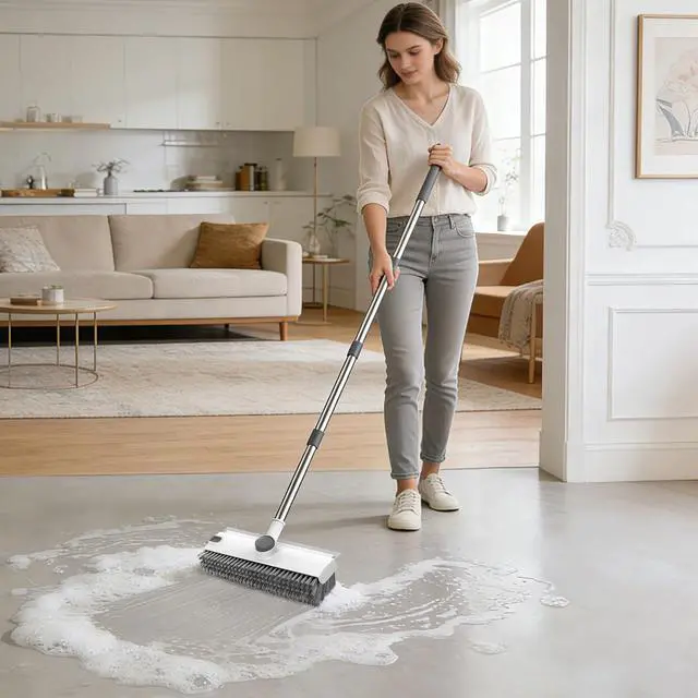 Alt view image 7 of 7 - Floor Scrub Brush, 3 in 1 Floor Scrub Brush with 54-in Adjustable Long Handle and Scraper Heavy Duty Stiff Bristle Floor Scrubber for Cleaning Shower Bathroom Kitchen Patio Garage, Grey&White