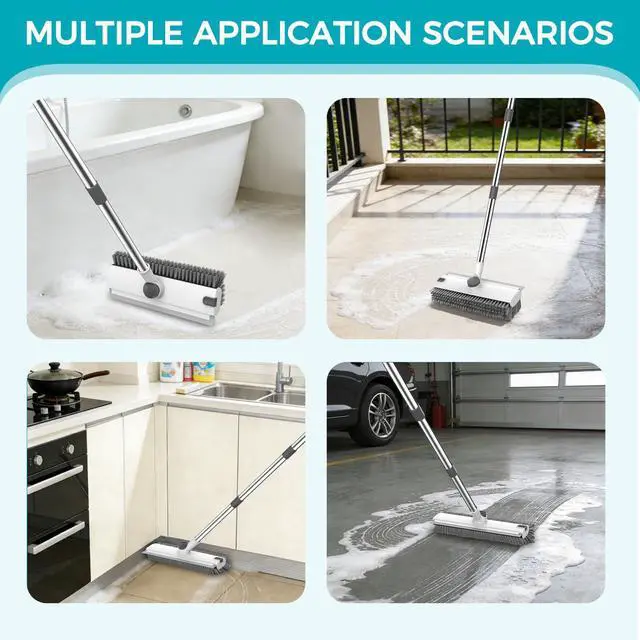 Alt view image 6 of 7 - Floor Scrub Brush, 3 in 1 Floor Scrub Brush with 54-in Adjustable Long Handle and Scraper Heavy Duty Stiff Bristle Floor Scrubber for Cleaning Shower Bathroom Kitchen Patio Garage, Grey&White