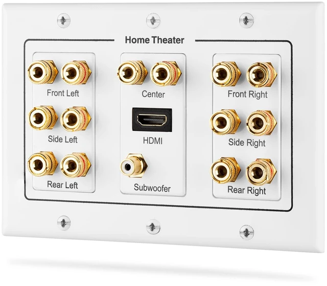 Main image of 3-Gang 7.1 Surround Distribution Home Theater Wall Plate, White Gold Plated Copper Banana Binding Post Coupler Faceplate for 7 Speakers, One RCA Subwoofer Jack, and One HDMI Port Wire
