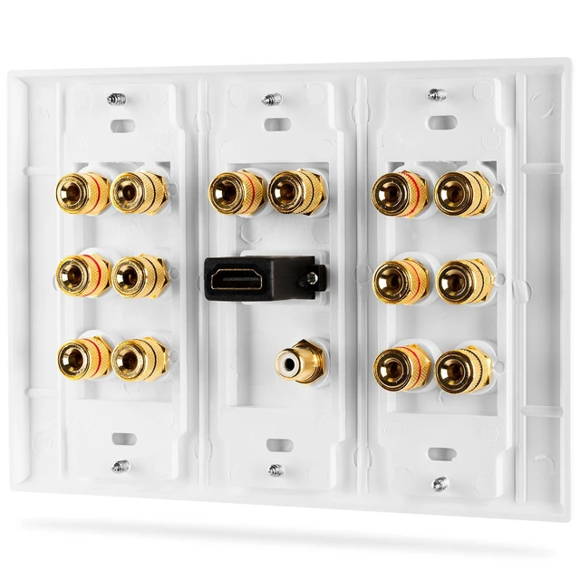 Alt view image 3 of 7 - 3-Gang 7.1 Surround Distribution Home Theater Wall Plate, White Gold Plated Copper Banana Binding Post Coupler Faceplate for 7 Speakers, One RCA Subwoofer Jack, and One HDMI Port Wire