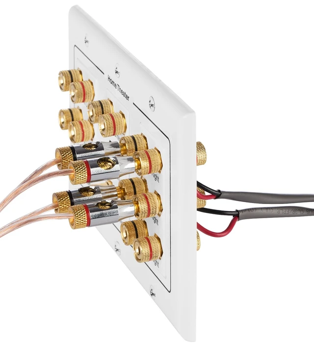 Alt view image 6 of 7 - 3-Gang 7.1 Surround Distribution Home Theater Wall Plate, White Gold Plated Copper Banana Binding Post Coupler Faceplate for 7 Speakers, One RCA Subwoofer Jack, and One HDMI Port Wire