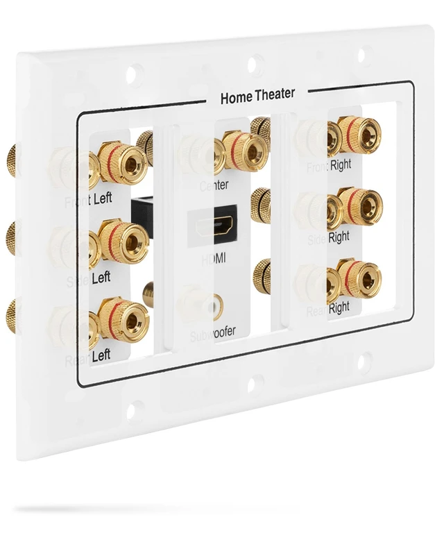 Alt view image 4 of 7 - 3-Gang 7.1 Surround Distribution Home Theater Wall Plate, White Gold Plated Copper Banana Binding Post Coupler Faceplate for 7 Speakers, One RCA Subwoofer Jack, and One HDMI Port Wire